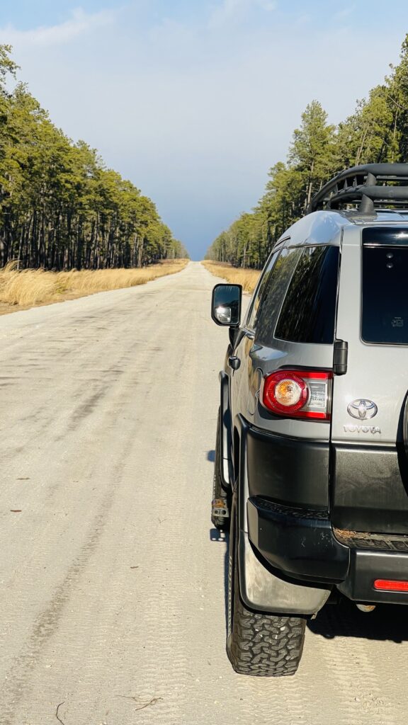 Our FJ Cruiser looking down Washington turnpike in Wharton State Forest.